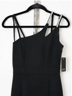 One-Shoulder Black Dress with Rhinestone Straps